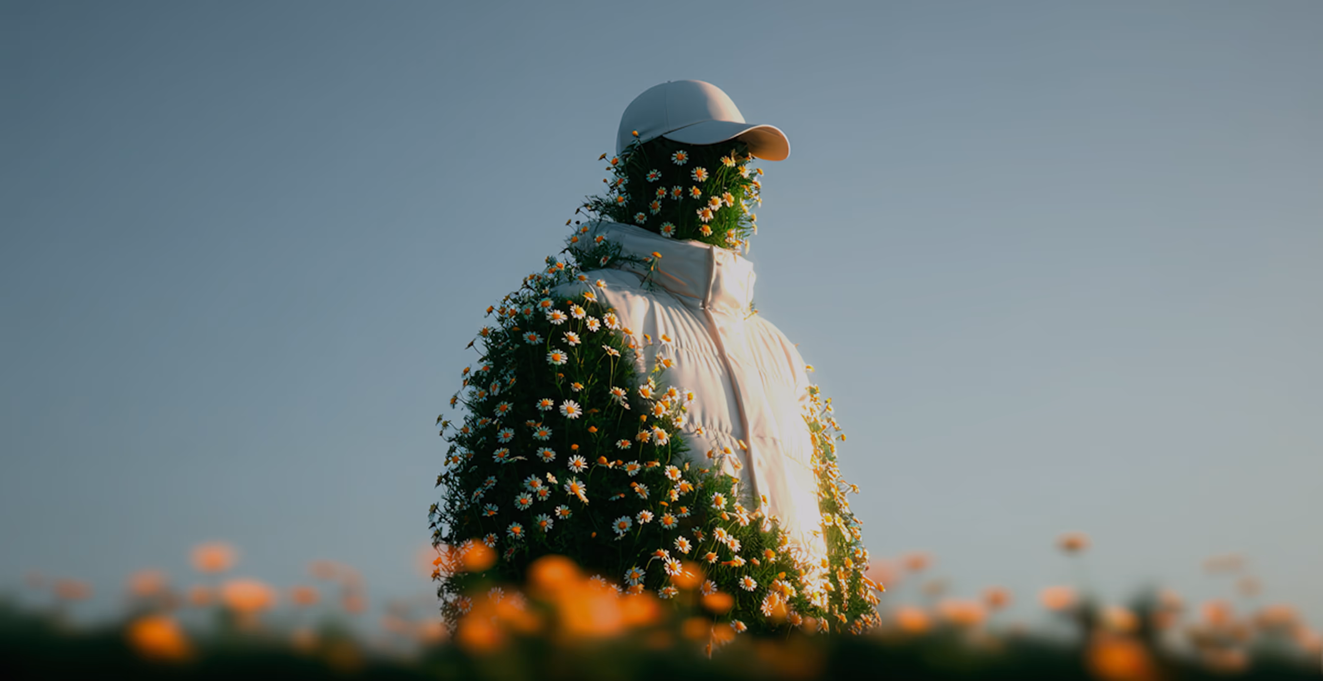 Person covered in daisies wearing a white jacket and cap in a flower field under a clear sky.