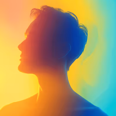 Silhouette of a person's side profile with colorful gradient lighting in yellow, orange, and blue tones.