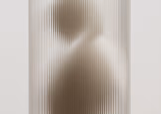Blurred silhouette of a person behind vertical lines in a translucent panel.