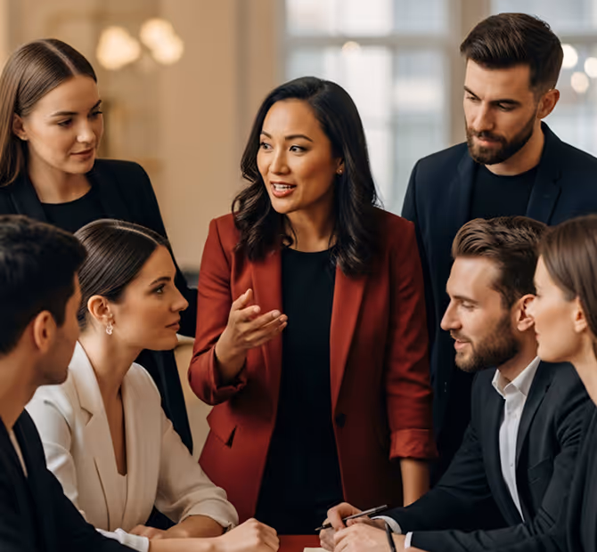 Group of six business professionals in a meeting with a woman in a red blazer speaking to others.