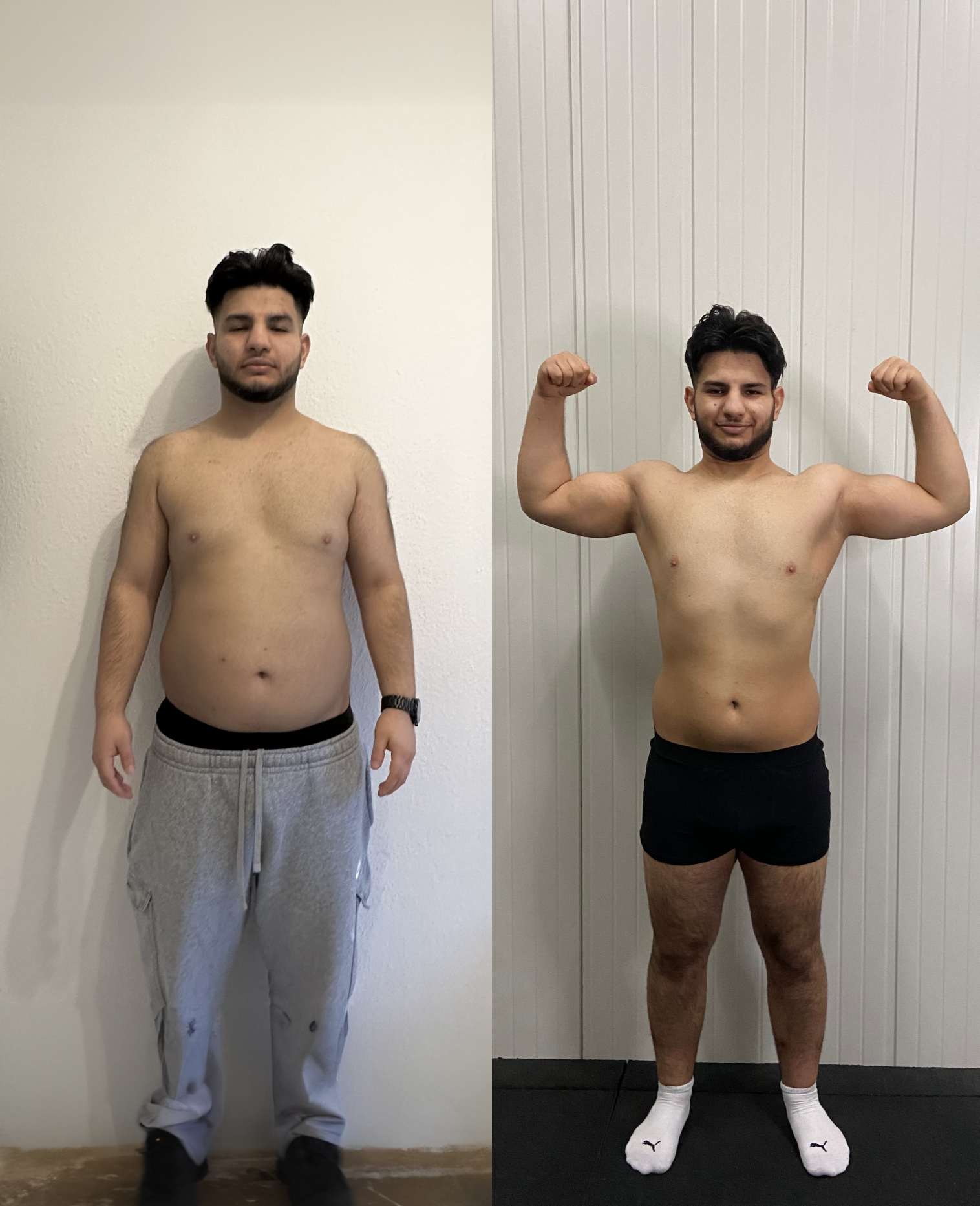 Seiten-an-Seiten-Vergleich eines Mannes vor und nach dem Fitnesstraining, der Gewichtsverlust und Muskelzuwachs zeigt.