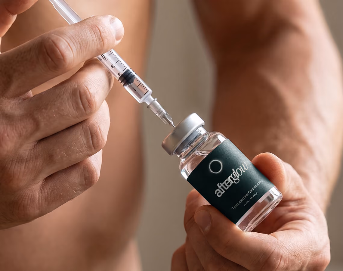 Close-up of a person holding a vial labeled 'afterglow Testosterone Cypionate' and drawing liquid into a syringe.