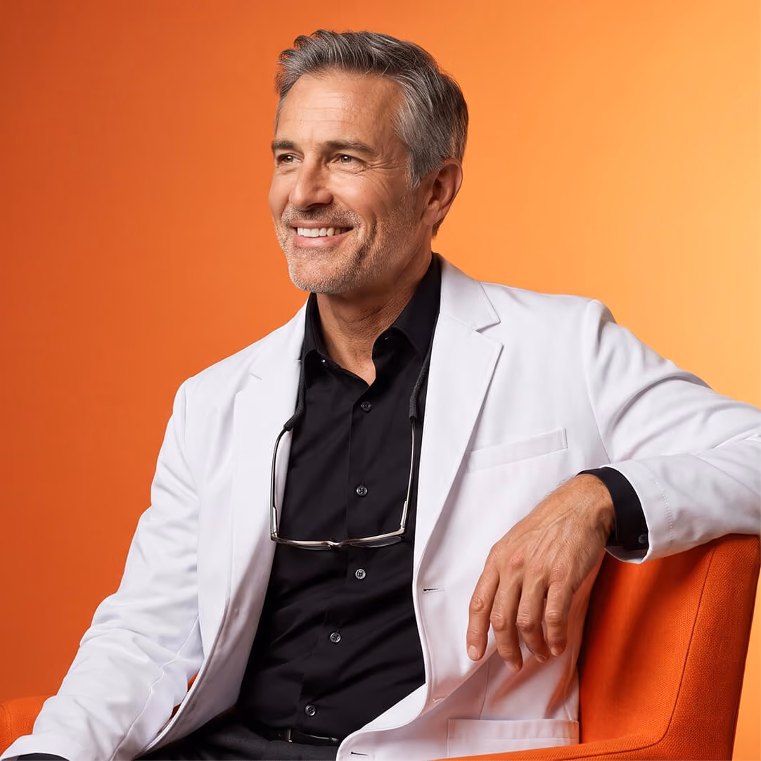 Smiling middle-aged man with gray hair wearing a white blazer over a black shirt, sitting on an orange chair against an orange background, with eyeglasses hanging from his shirt.