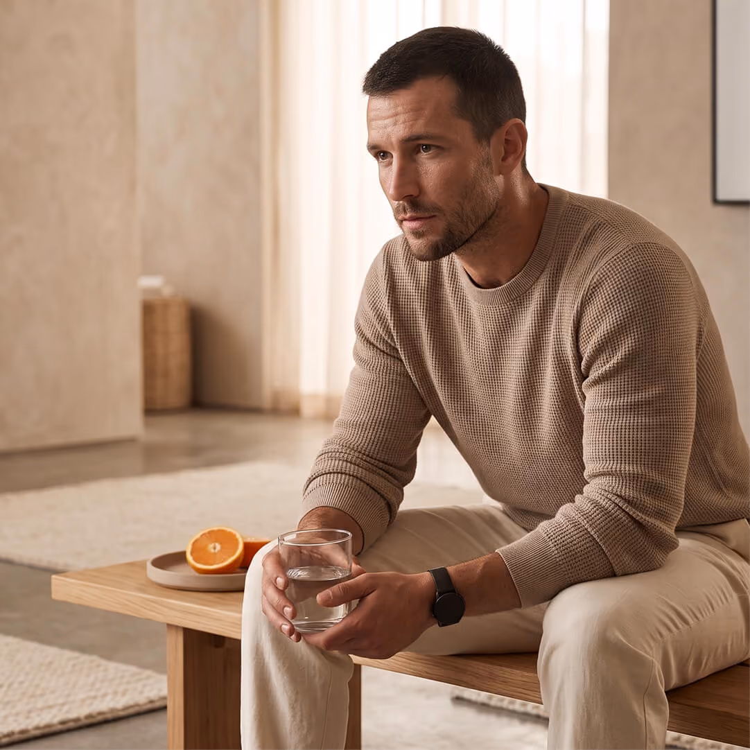 A man wearing a beige sweater and white pants sitting on a wooden bench indoors, holding a glass of water with a plate of halved oranges on the table beside him.