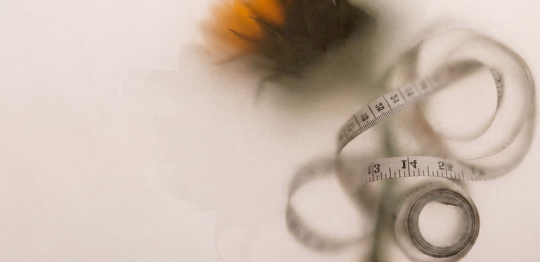 A blurred image of a measuring tape loosely coiled with a yellow and green flower in the background on a soft, light surface.