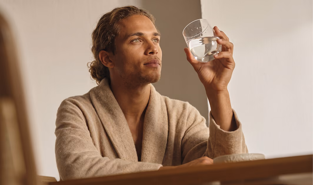 A man with curly hair wearing a beige robe sits at a wooden table and holds a glass of water up to the light while looking thoughtfully into the distance.