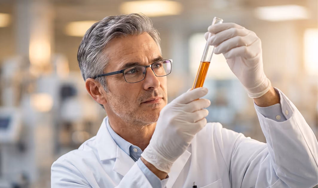 Middle-aged male scientist in a white lab coat and gloves examining a test tube with an orange liquid in a laboratory setting.