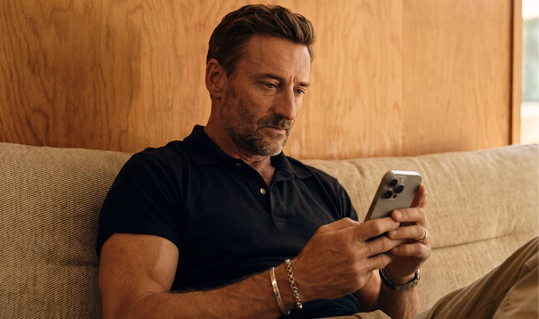 Middle-aged man with short hair and beard sitting on a beige couch looking intently at his smartphone, wearing a black polo shirt and bracelets, with a wooden wall background.