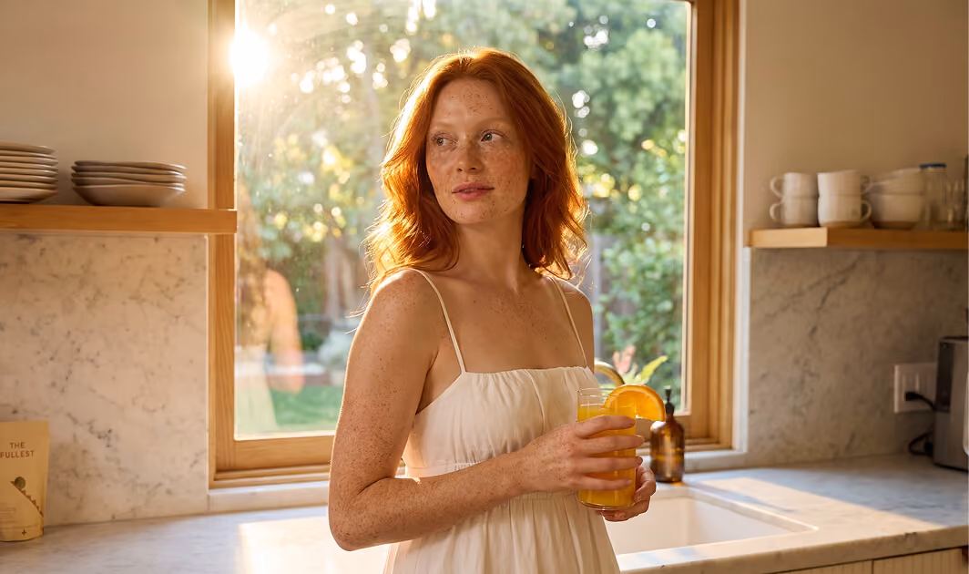 Red-haired woman in a white dress holding a glass of orange juice with an orange slice, standing in a kitchen near a window with sunlight and greenery outside.