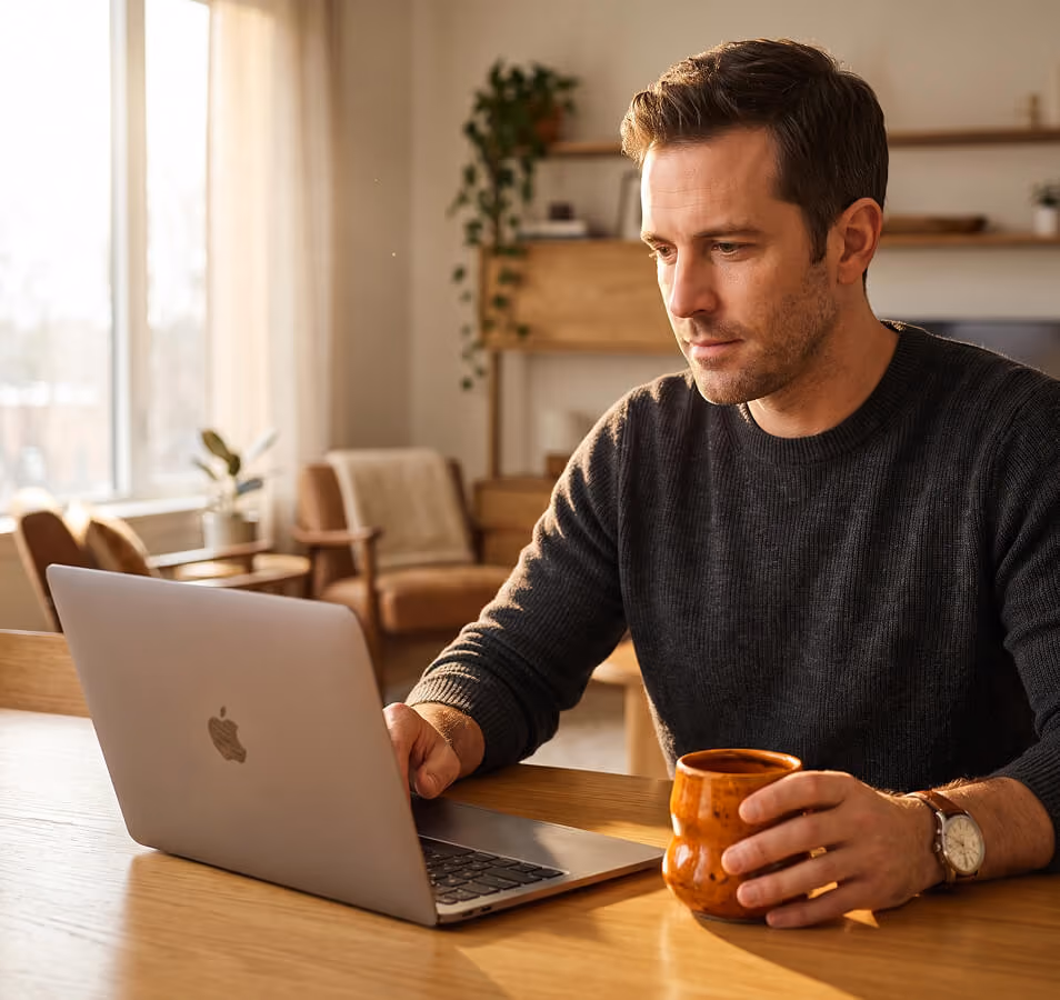 Man with short brown hair wearing a dark sweater sitting at a wooden table using a silver laptop and holding a brown ceramic mug in a cozy, well-lit room with a plant and furniture in the background.