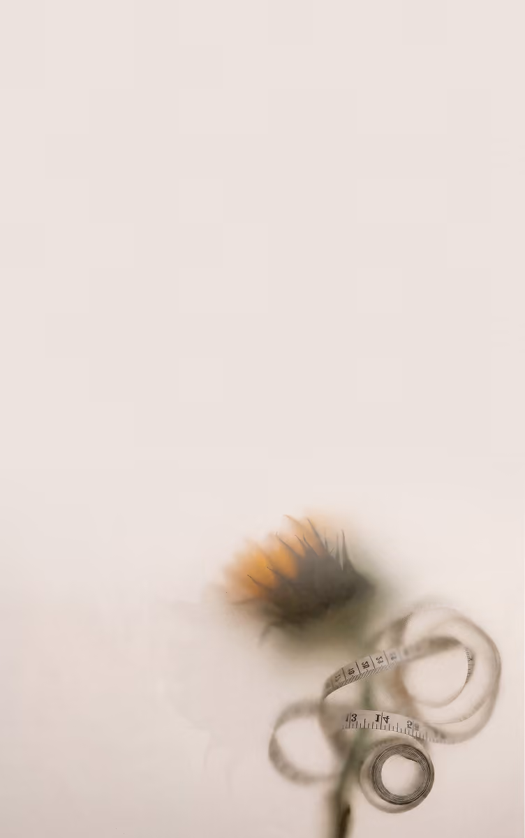 Soft-focus image of a wilted sunflower lying on a white surface next to a loosely coiled measuring tape.