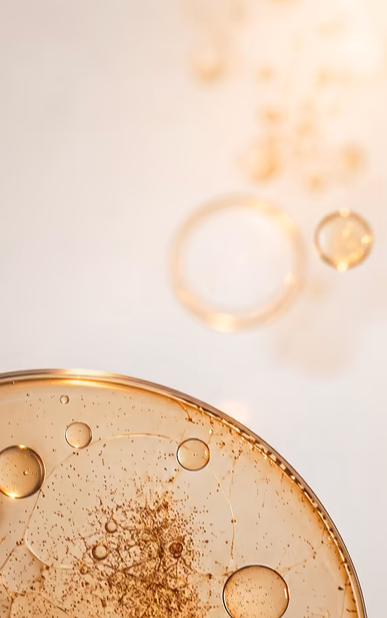 Close-up of translucent golden liquid bubbles suspended in a pale, softly lit background.