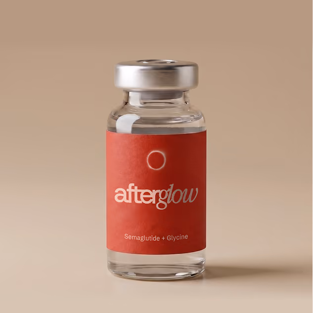 Clear glass vial with a silver cap and a red label reading 'afterglow' and 'Semaglutide + Glycine'.