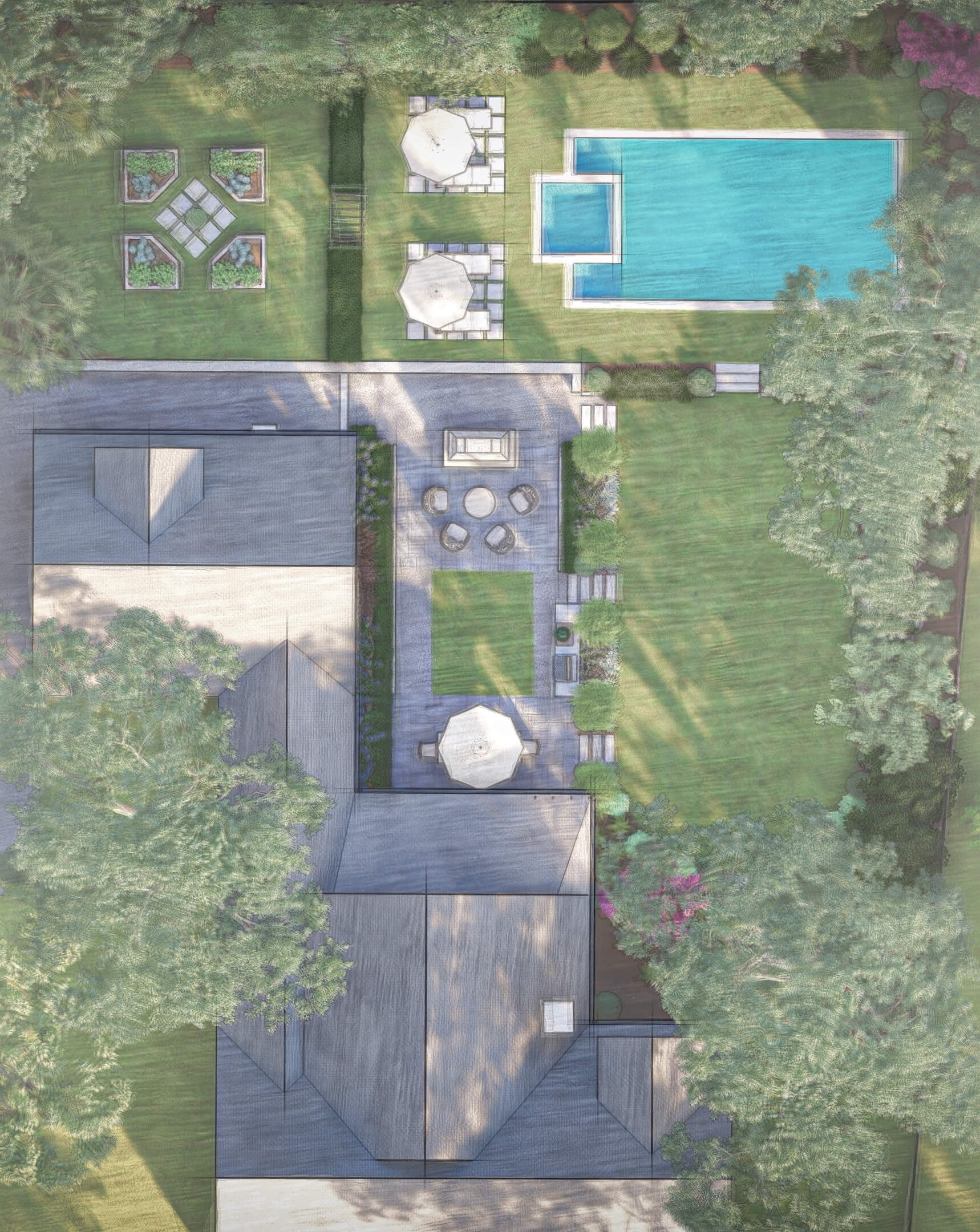 Aerial view of a residential backyard featuring a large rectangular swimming pool with an attached hot tub, three patio areas with umbrellas and seating, green lawn, garden beds in a geometric pattern, and trees surrounding the property. The house roof is visible at the bottom with shaded concrete patio spaces for outdoor seating and dining.