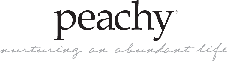 Black text logo 'peachy' with a tagline below in gray cursive script reading 'nurturing an abundant life'.