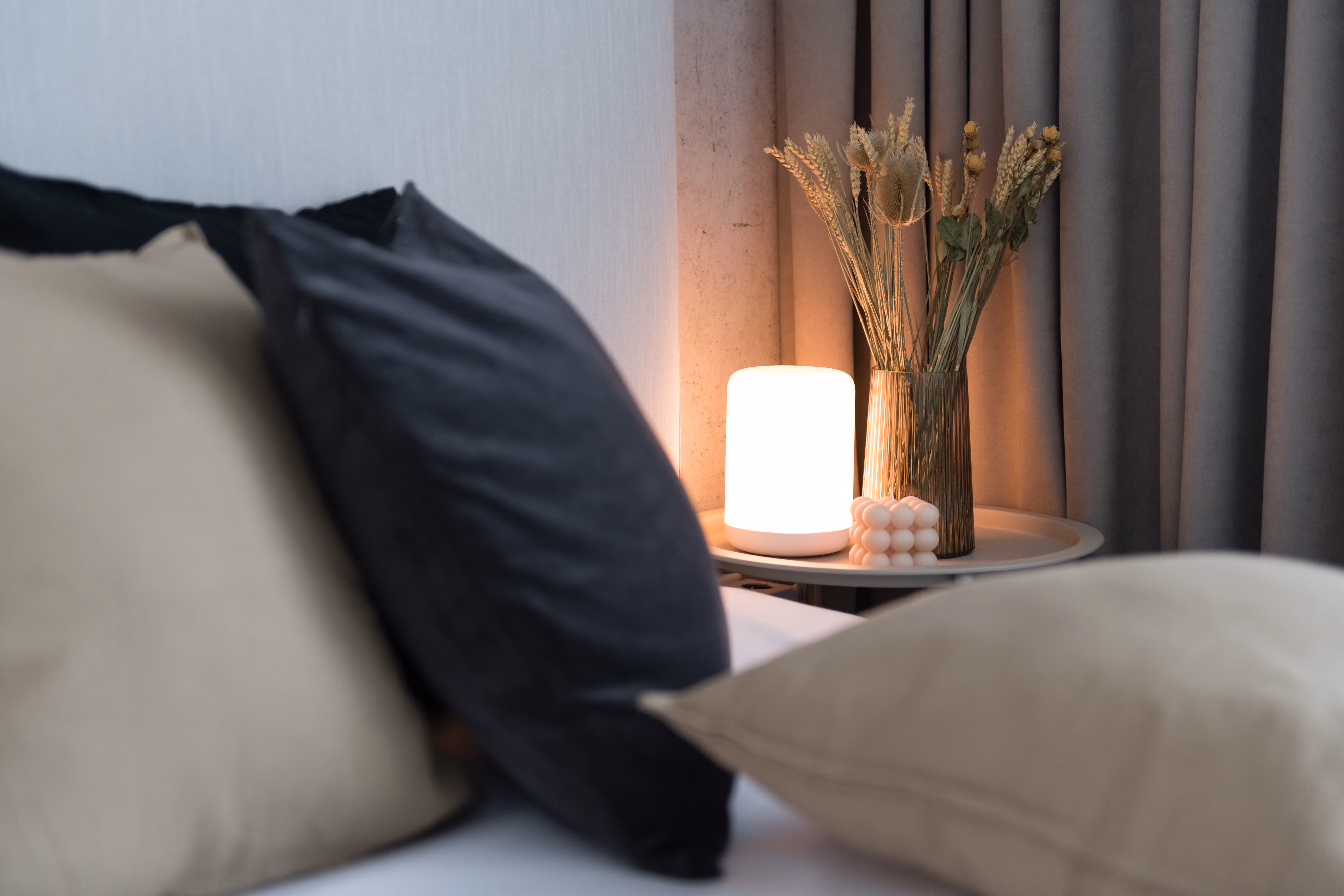 Bed with pillows stock image