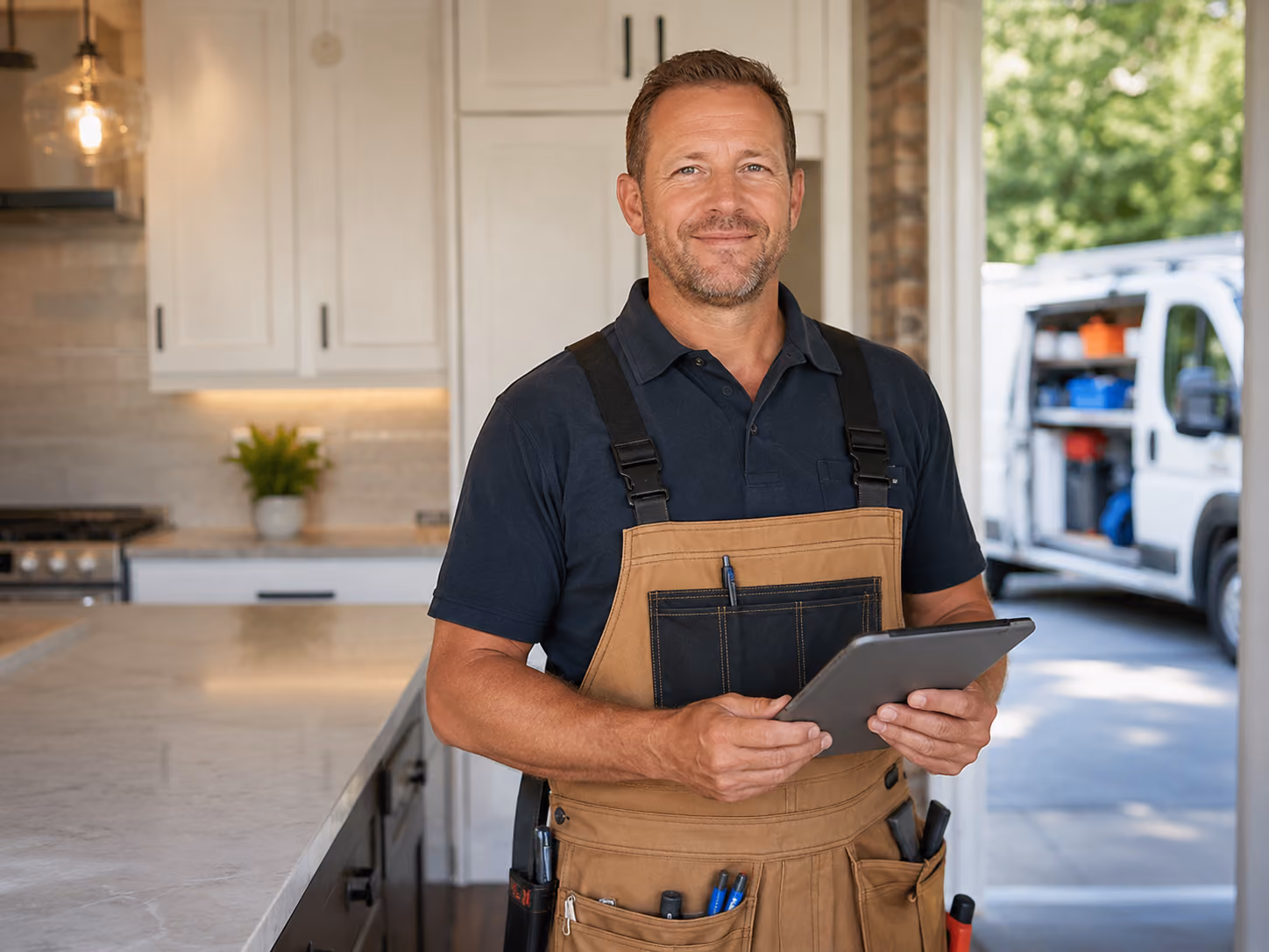 A smiling handyman wearing brown overalls and a navy blue shirt holds a tablet in a modern kitchen with white cabinets, a plant on the counter, and a service van visible outside.