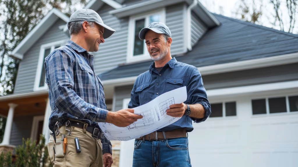 Two men wearing caps are standing outside a gray house with a white garage door, reviewing a large blueprint together.