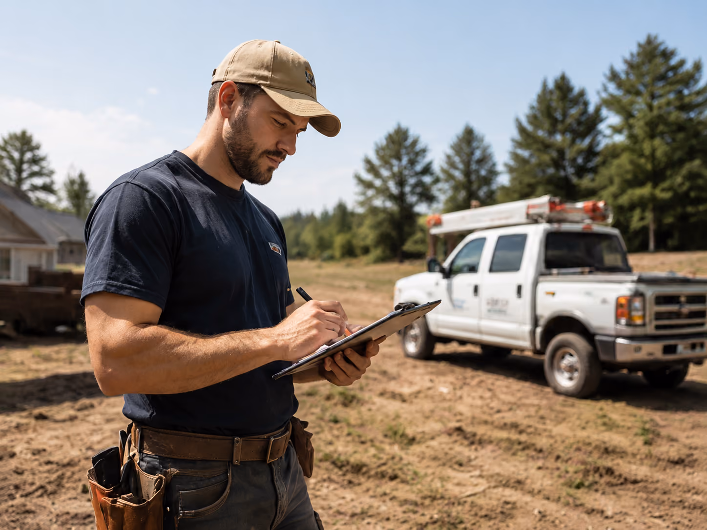 Man wearing a tan cap and black shirt writing on a clipboard outdoors with a white pickup truck and trees in the background on a sunny day.