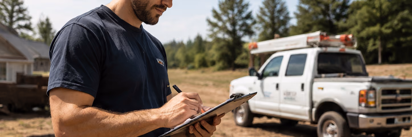 Man wearing a black t-shirt writing on a clipboard outdoors with a white utility truck and trees in the background.