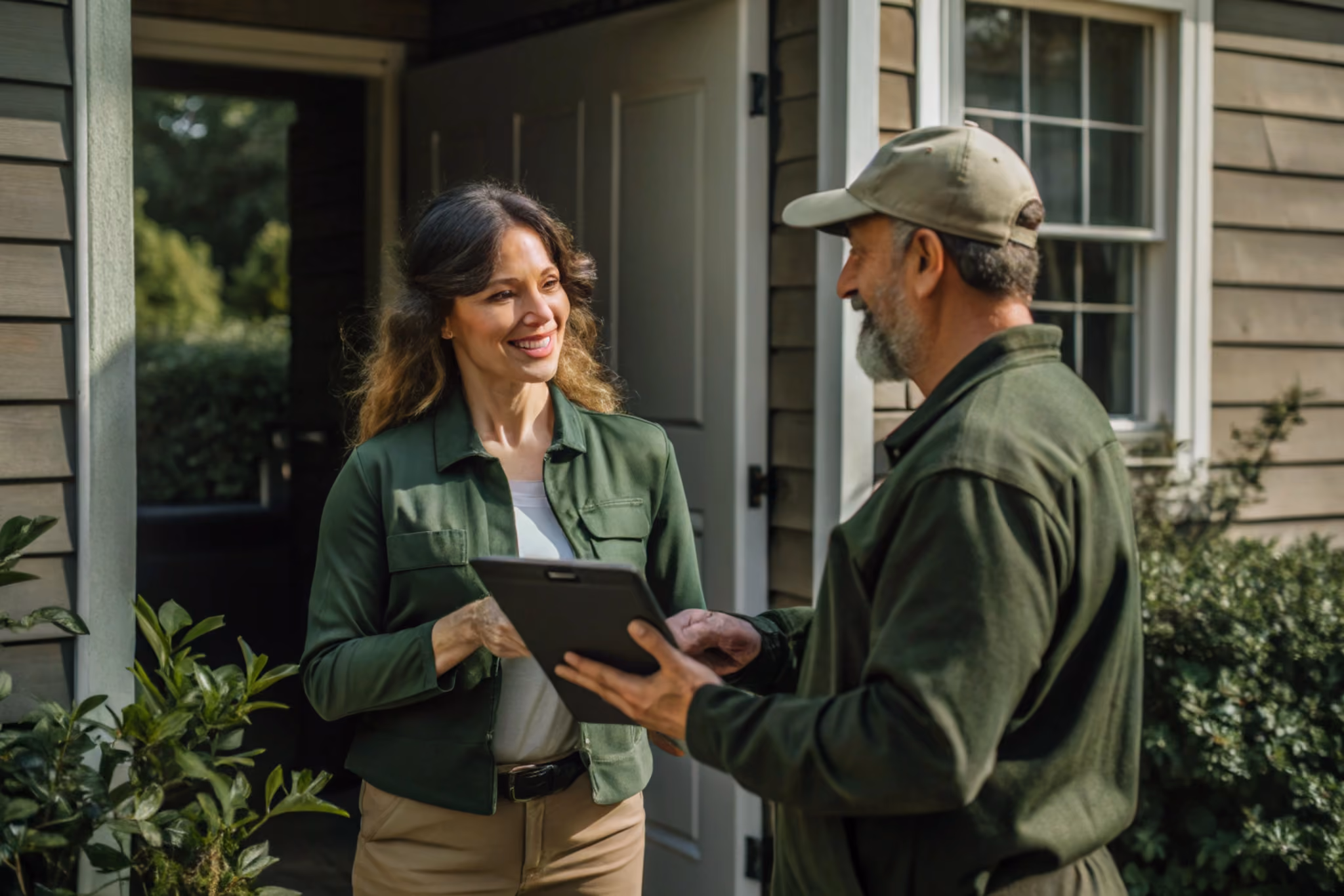 A smiling woman stands at a house doorstep talking to a man in a green uniform and cap who holds a tablet, likely a delivery or service interaction.