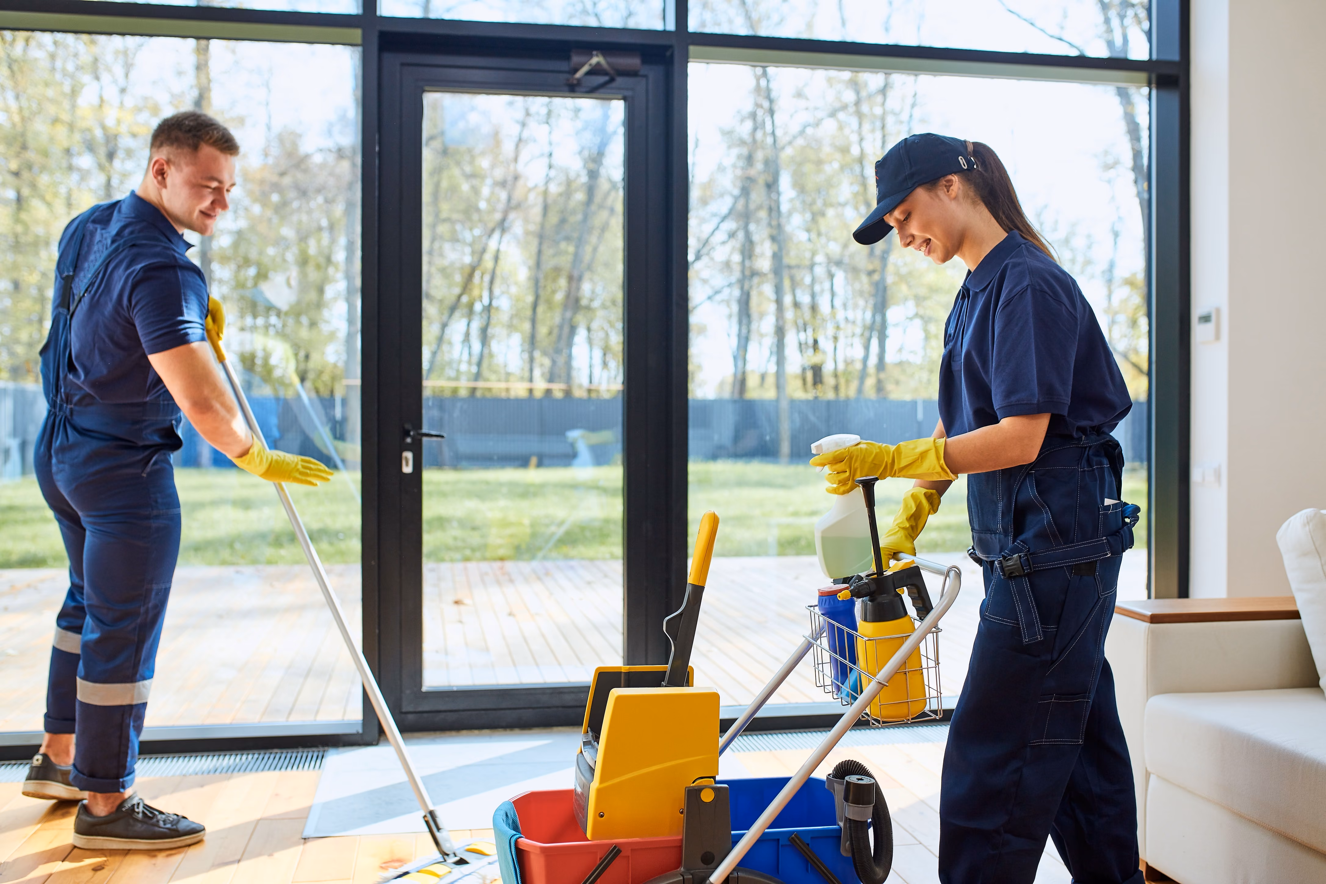 Two professional cleaners in navy uniforms and yellow gloves cleaning a bright room with large glass doors; one is mopping the wooden floor while the other handles a cleaning cart with supplies.