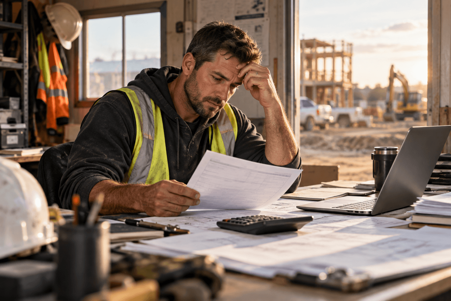 Construction business owner reviewing financial paperwork at his desk after a long workday, highlighting the challenges of managing business finances and profitability.