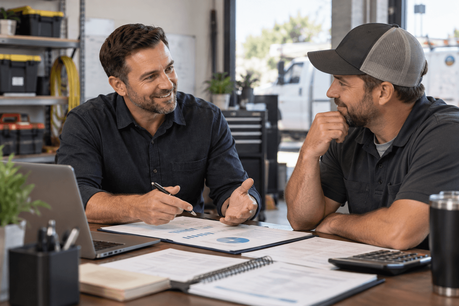 Home service business owner working with a bookkeeping advisor to review financial performance, understand profitability, and plan for business growth.