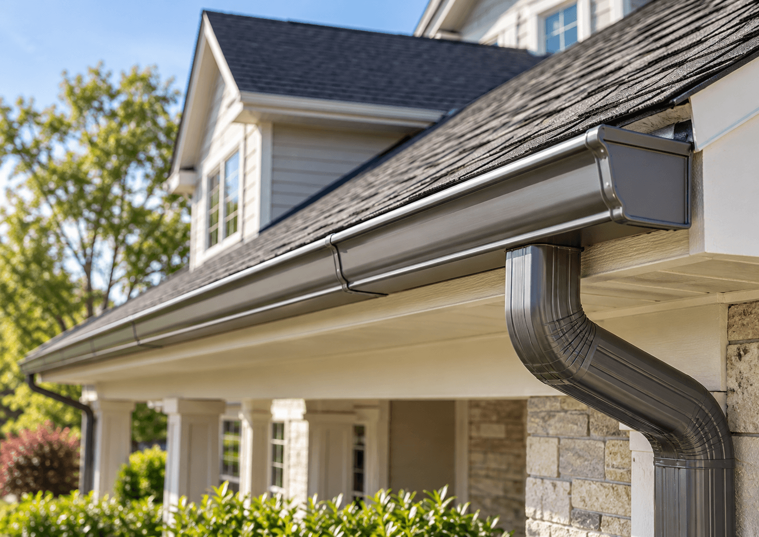Close-up of a residential roofline featuring charcoal-colored rain gutters and downspouts installed on a suburban home.