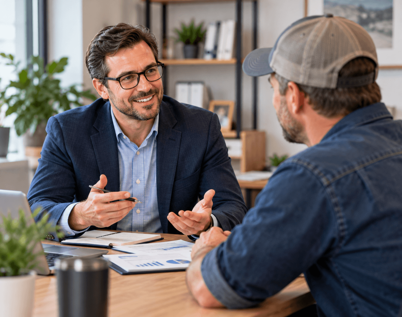 Bookkeeping professional discussing financial reports with a home service business owner during a one-on-one consultation.