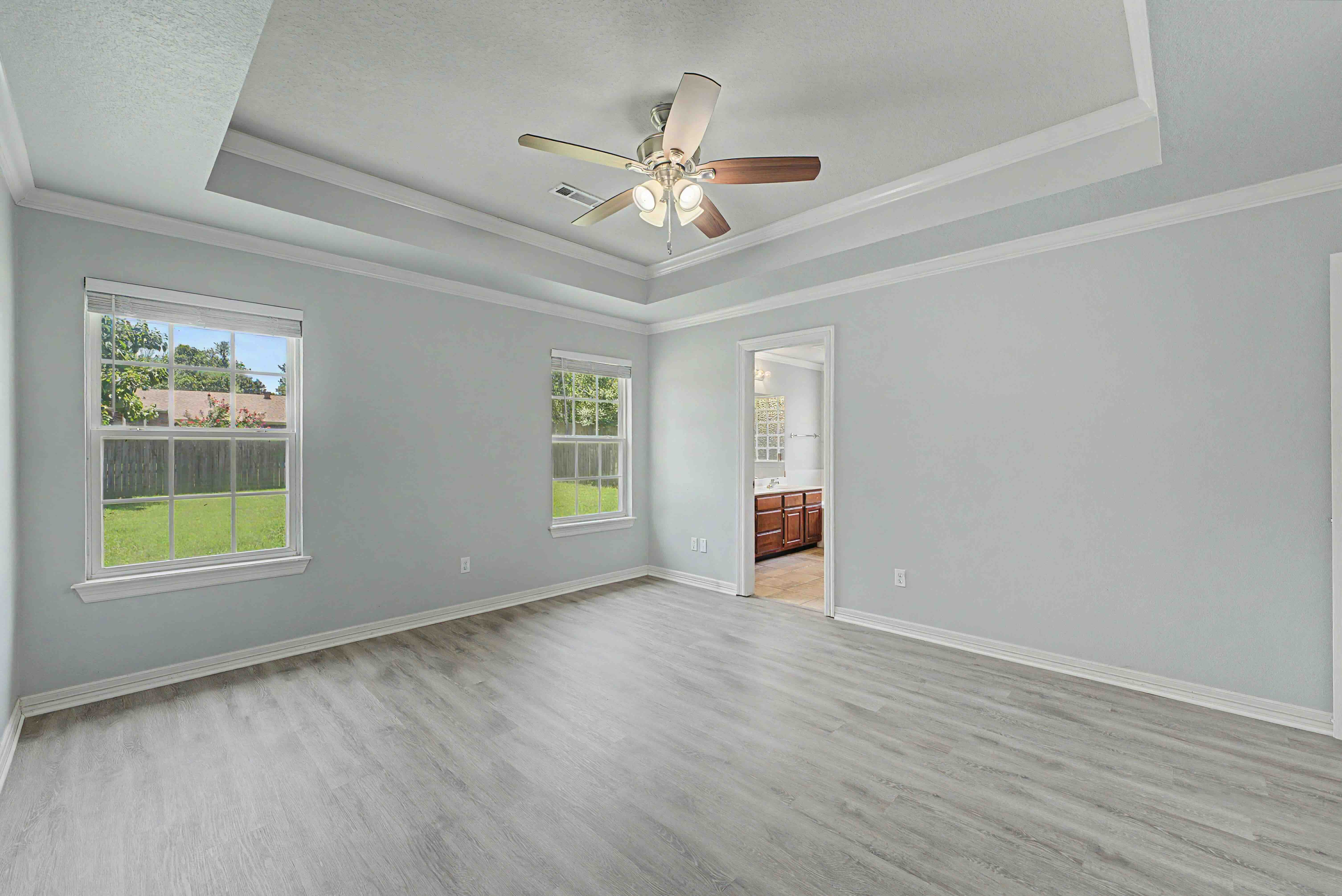 master bedroom with tray ceiling and two windows