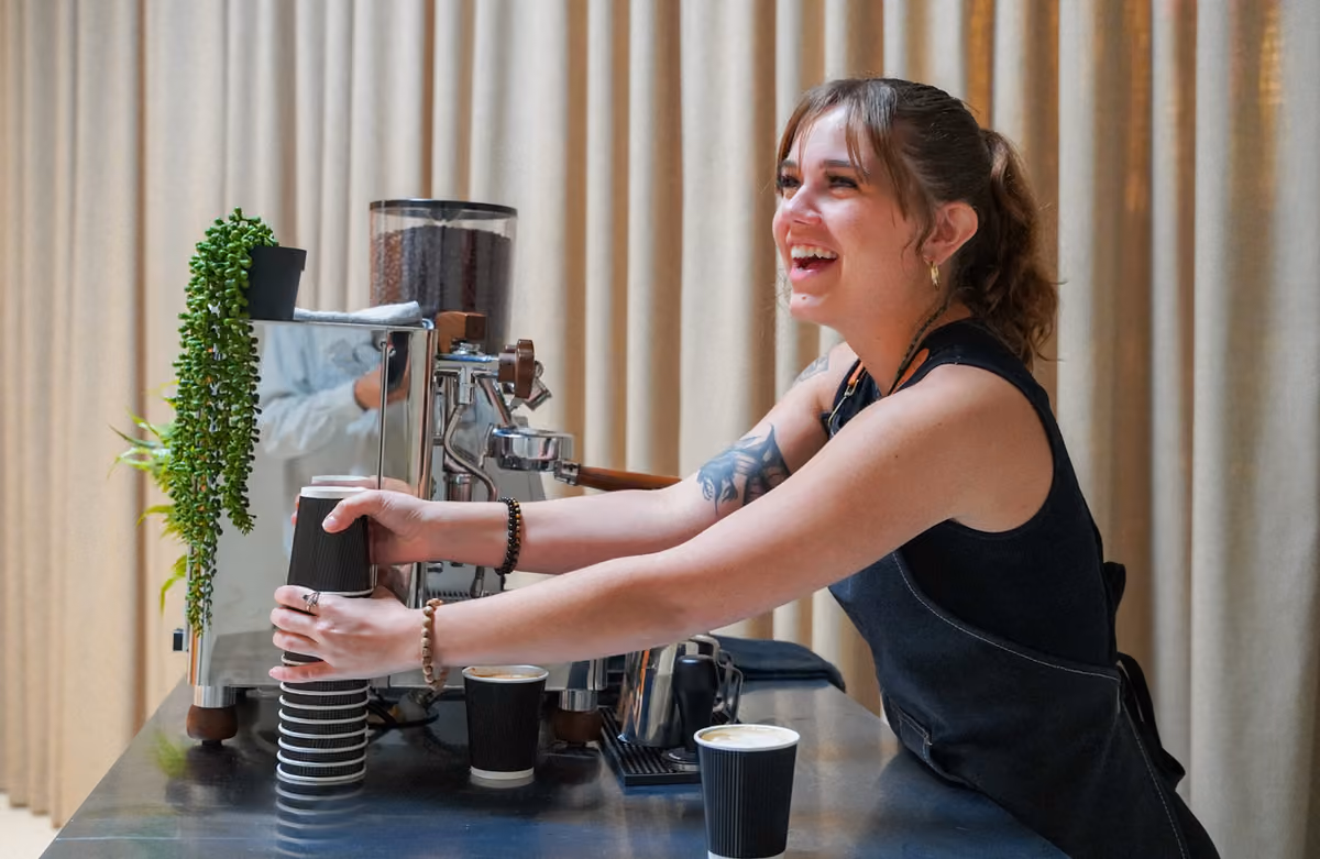 Vim Coffee Catering mobile espresso cart serving guests at a client event
