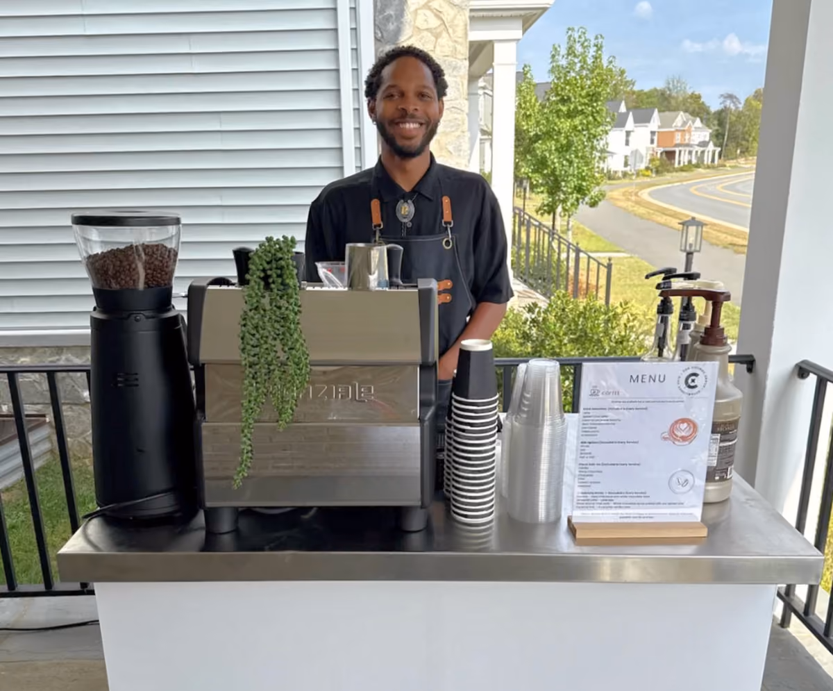 Vim Coffee Catering mobile espresso cart serving guests at a client event