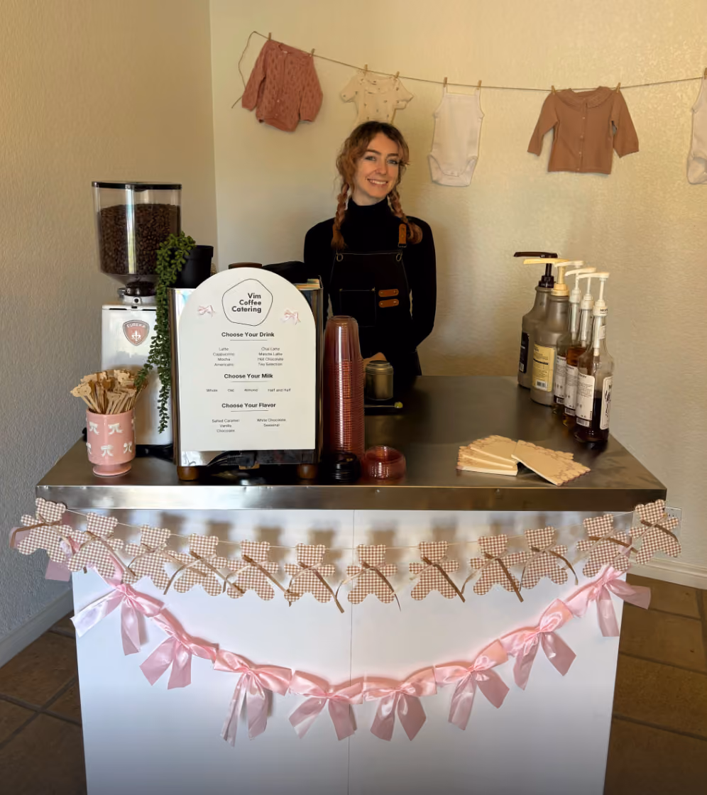 Vim Coffee Catering mobile espresso cart serving guests at a client event