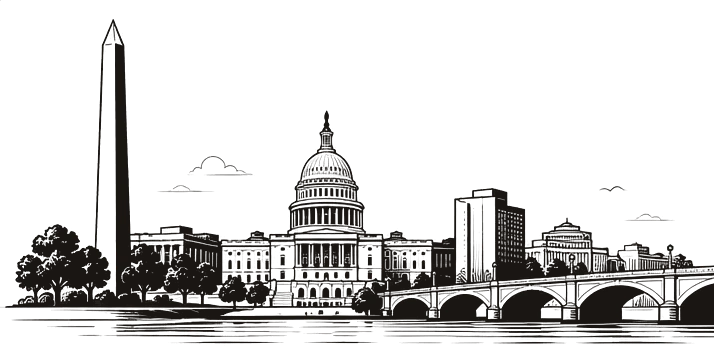 Line illustration of the Washington DC skyline with the Washington Monument and Capitol