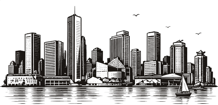 Line illustration of the Baltimore skyline and inner harbour