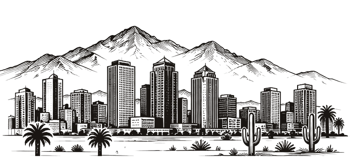 Line illustration of the Phoenix skyline with desert cacti and mountains