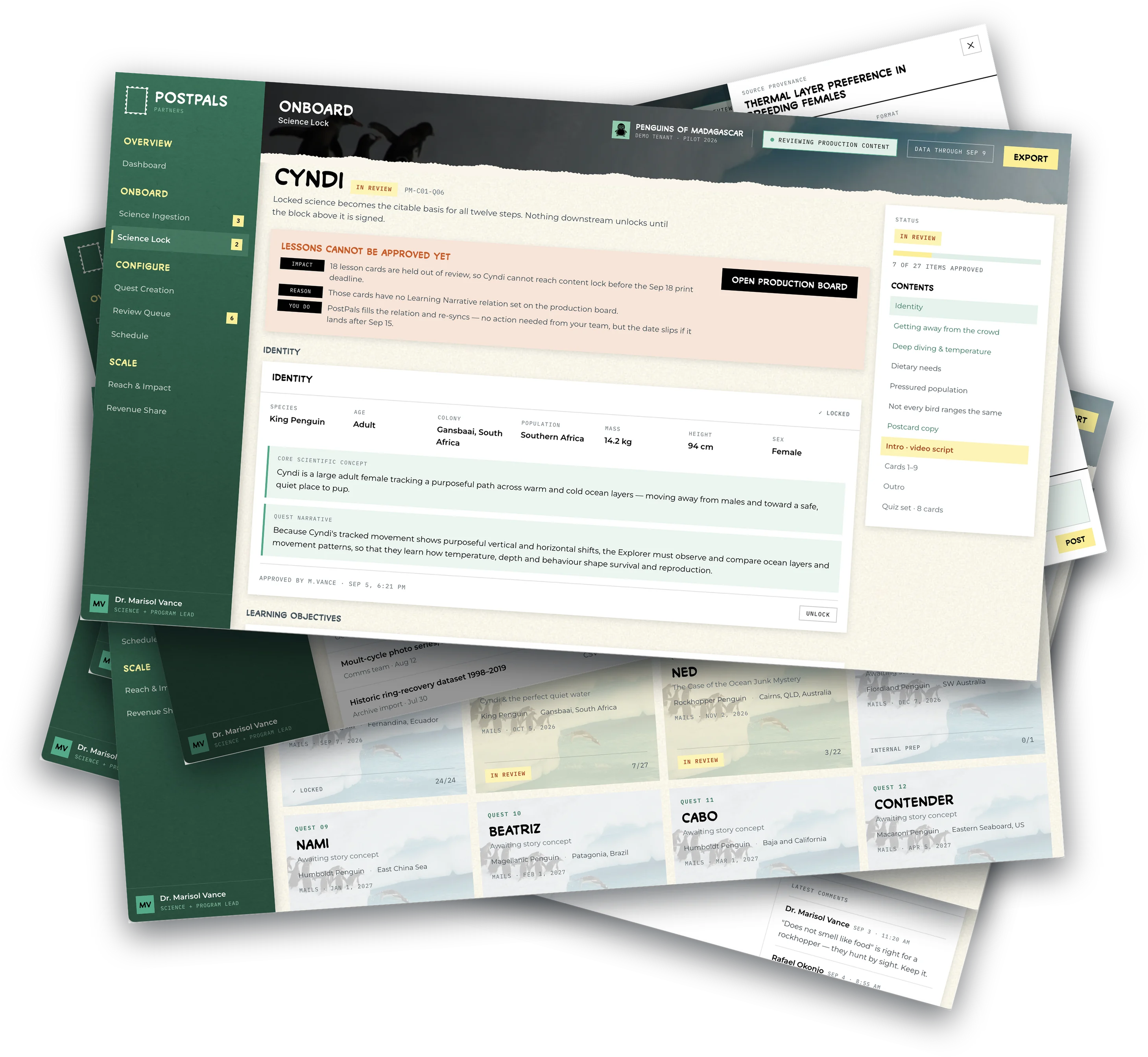 Stack of PostPals Partner Platform screens showing Science Lock review, source provenance, quest dashboard and review queue