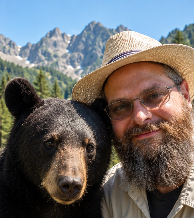 Andrew Zeneski with a black bear in a mountain setting. AI-generated.