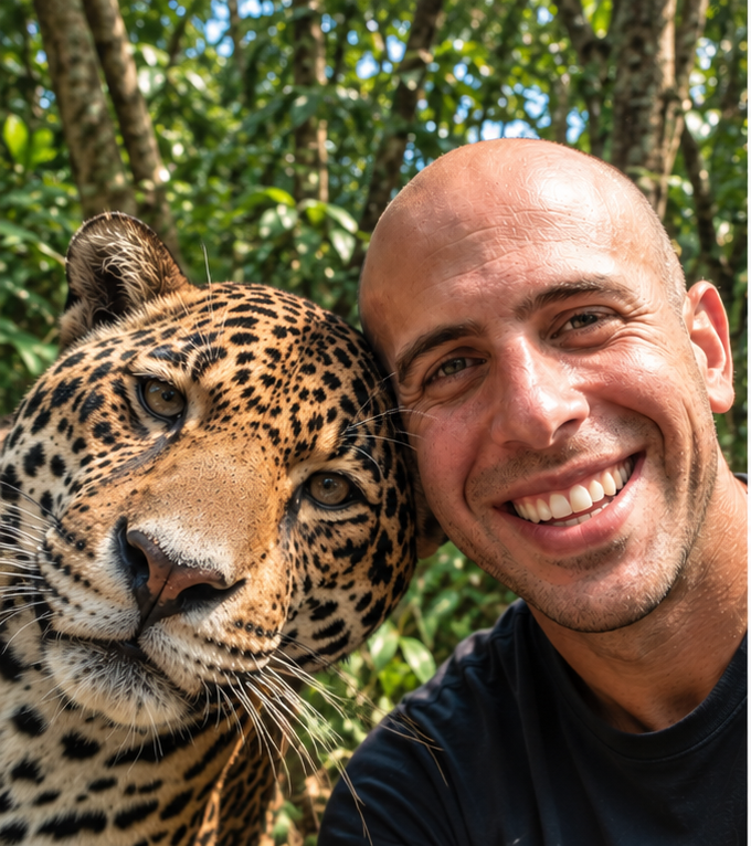 Jeremy Bergstein posing with a leopard in a forest setting. AI-generated.