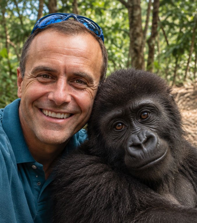 Nick Godfrey taking a selfie with a young gorilla in a forest. AI-generated.