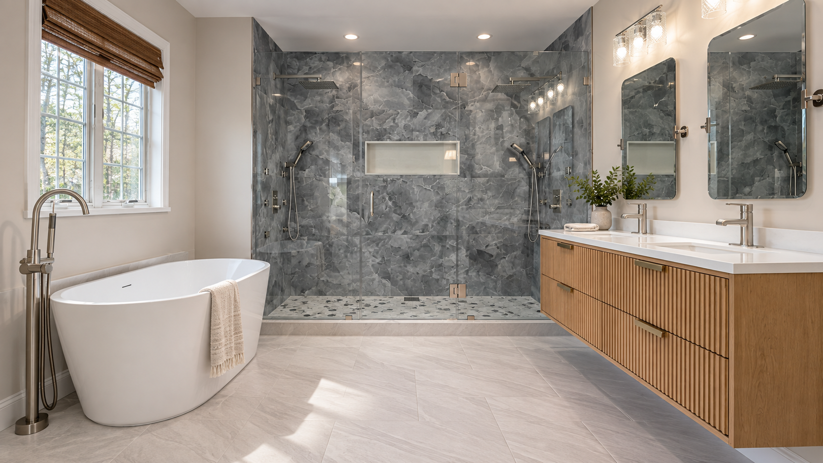 Modern bathroom remodel with tile shower and vanity