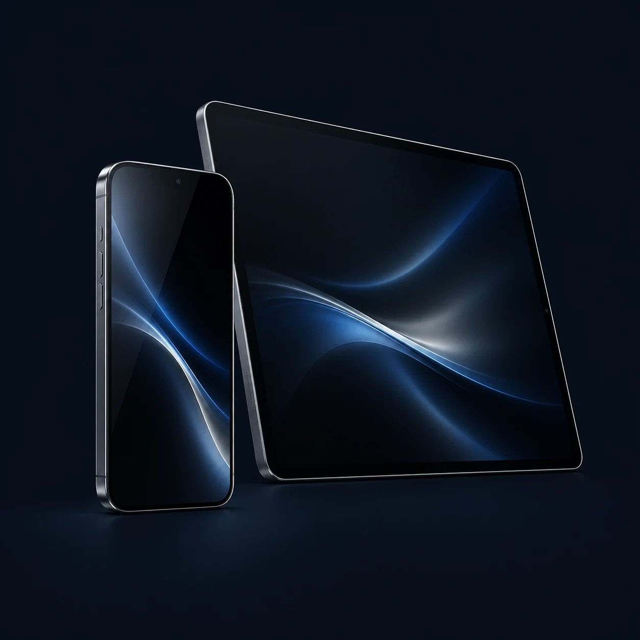 Smartphone und Tablet mit abstrakten blauen Displays als Symbol für vernetztes Arbeiten