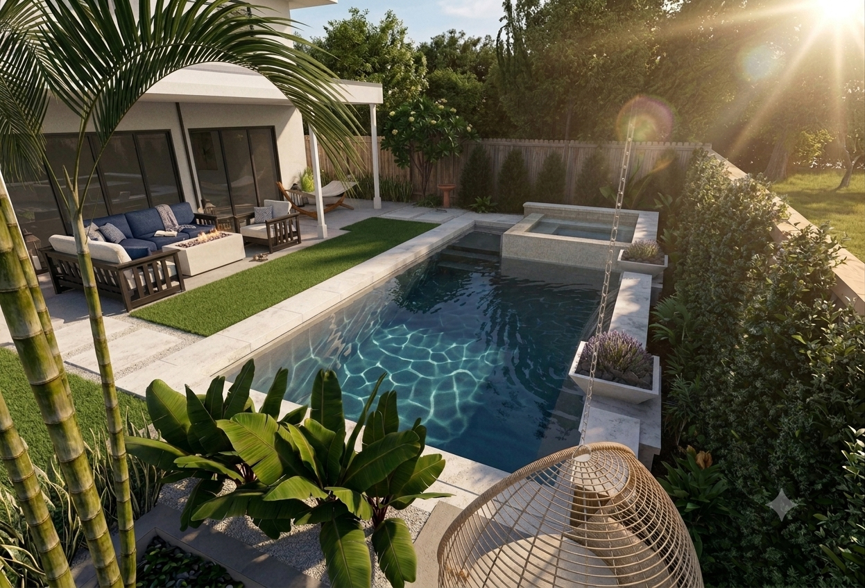 A visualization of a rectangular pool with a Baja shelf and raised spa composed into a bright backyard beside a white home.