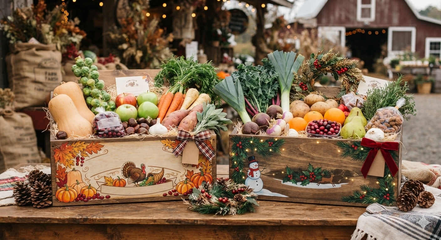 Two wooden Holiday Farm Share crates on a farm stand table, one painted for Thanksgiving and one for Christmas, filled with squash, apples, carrots, leeks, kale, potatoes, citrus, cranberries, pears and nuts.