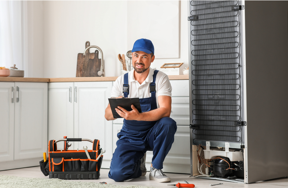 Appliance technician reviewing a job on a tablet