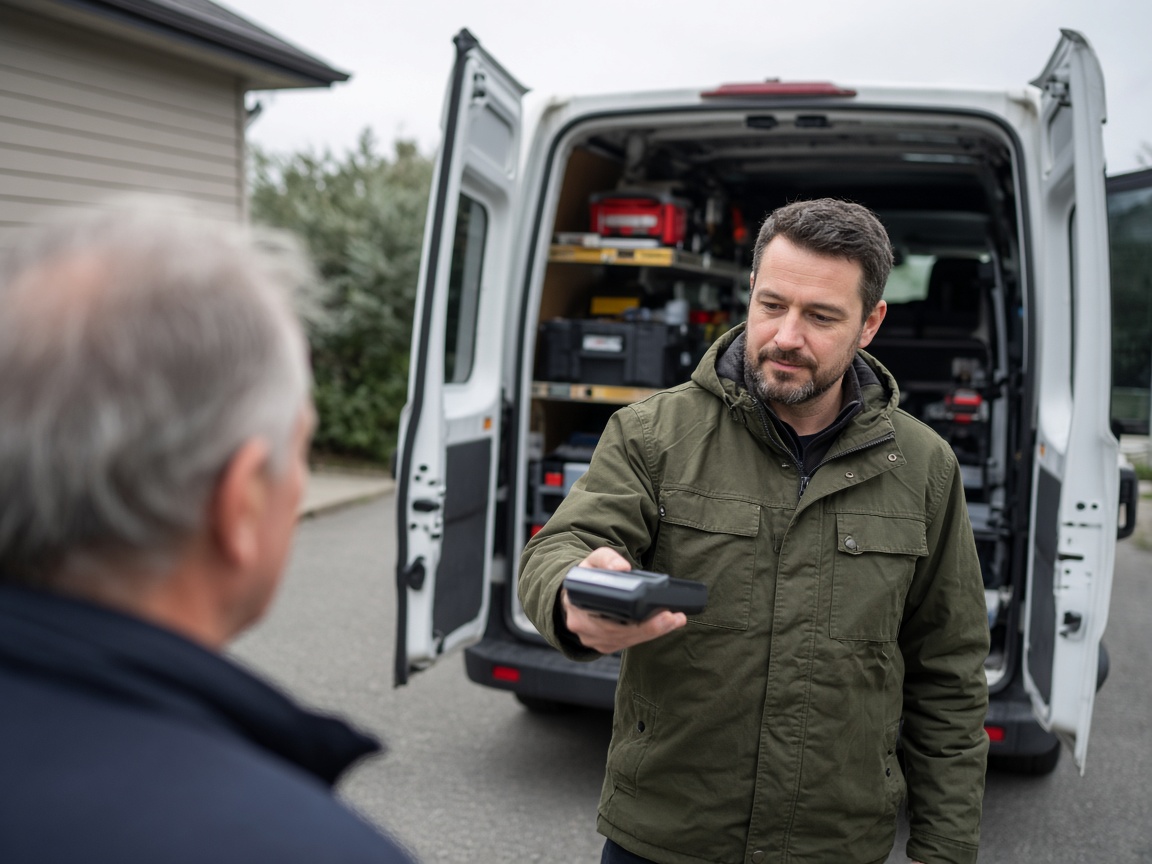 Technician taking a payment at a driveway