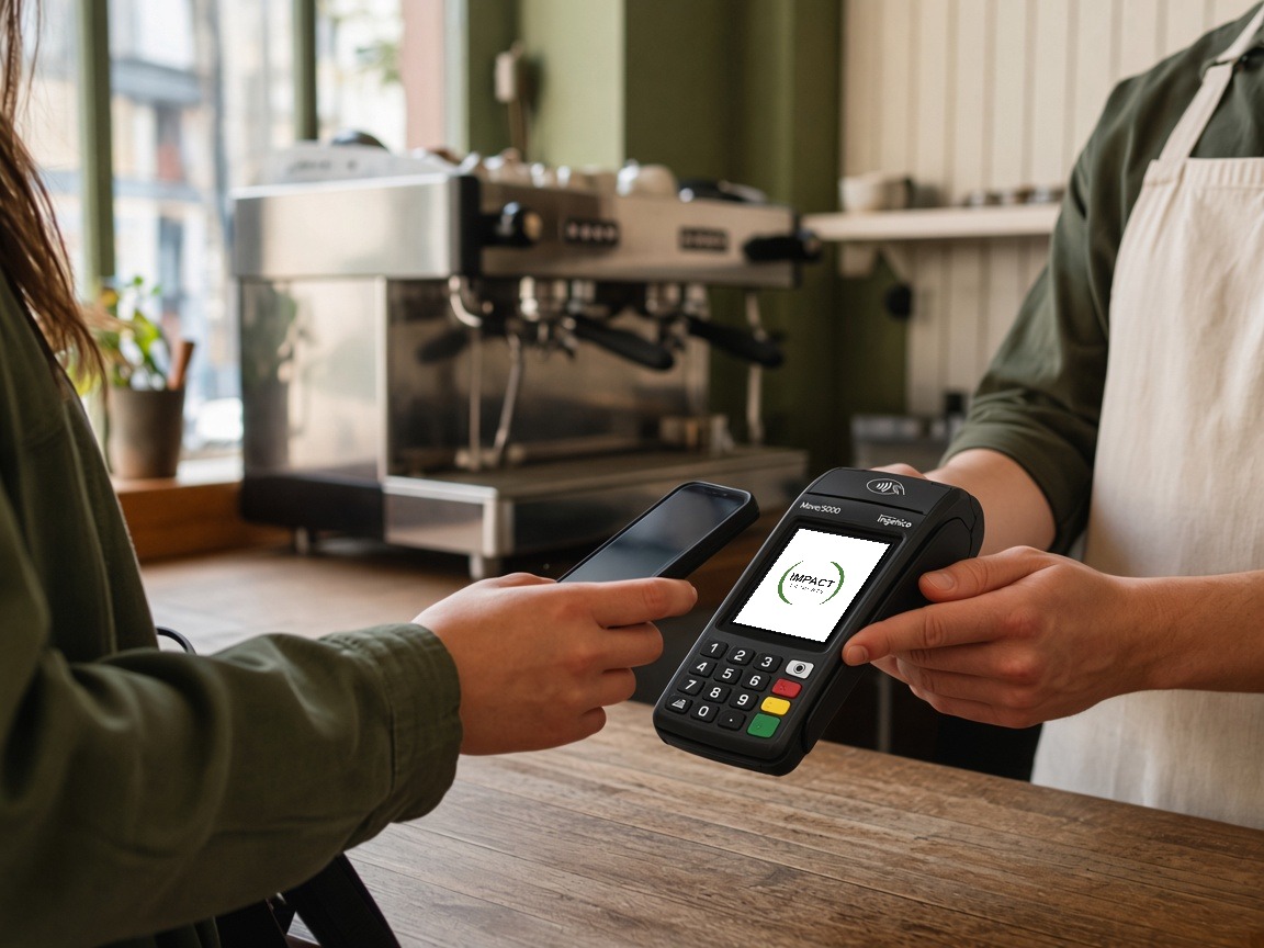 Customer tapping a phone at a cafe counter