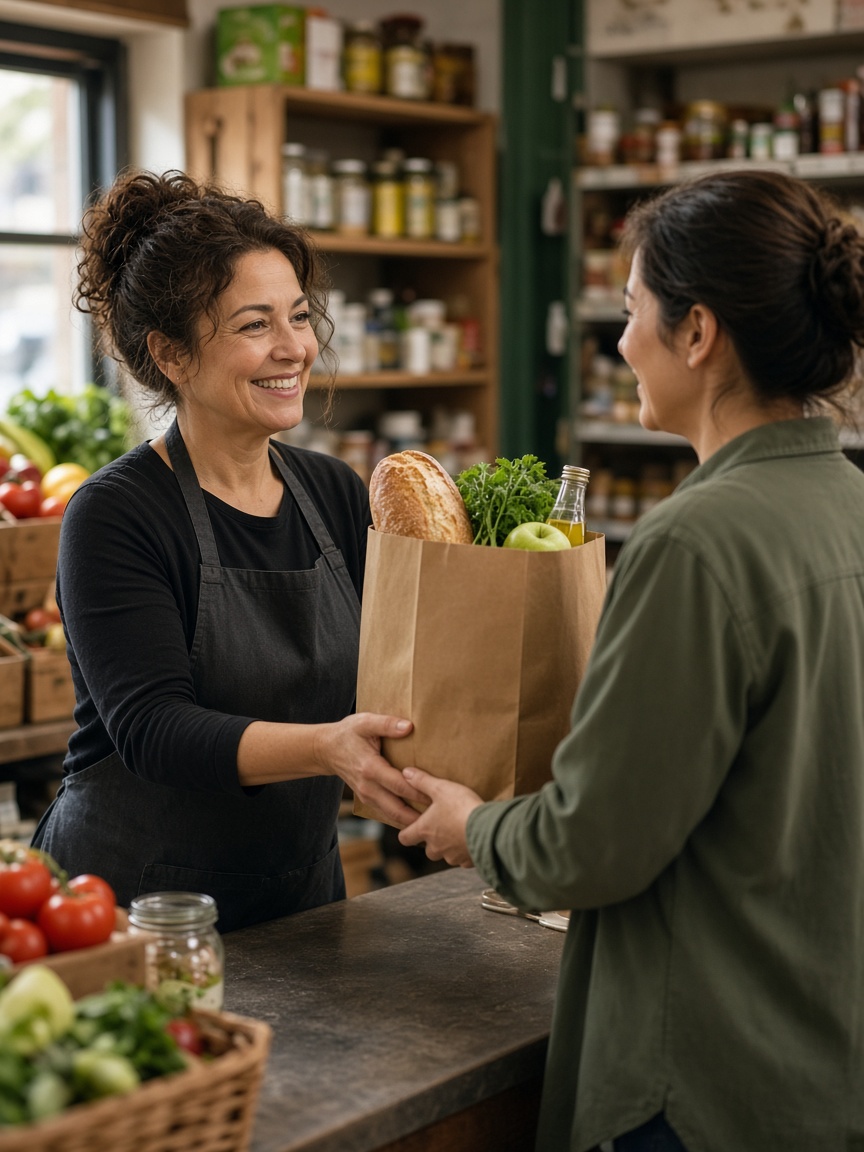 Shop owner handing a grocery bag to a customer
