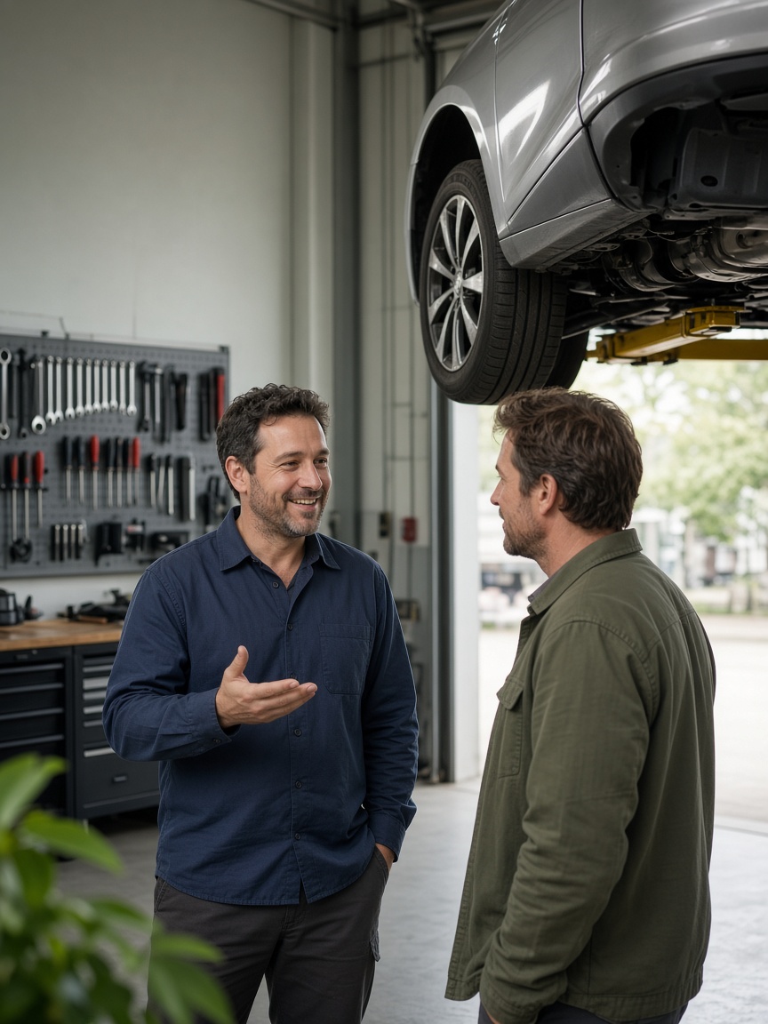 Mechanic talking with a customer beside a car on a lift